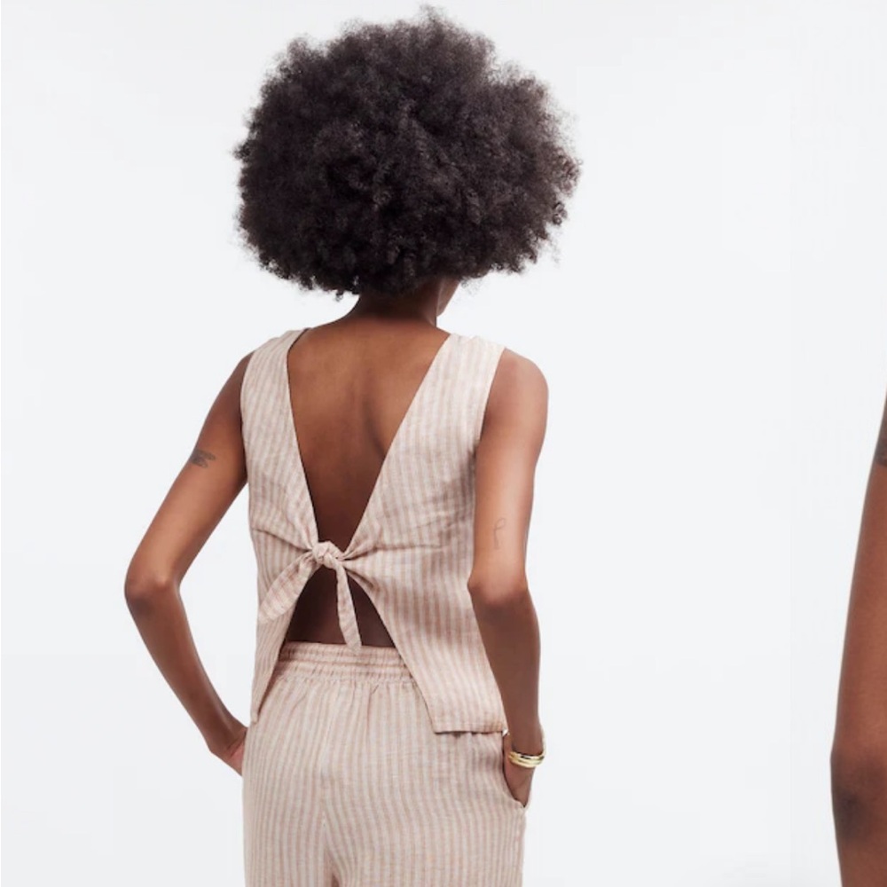 Madewell Tie-Back Scoopneck Top in 100% Linen brown stripped